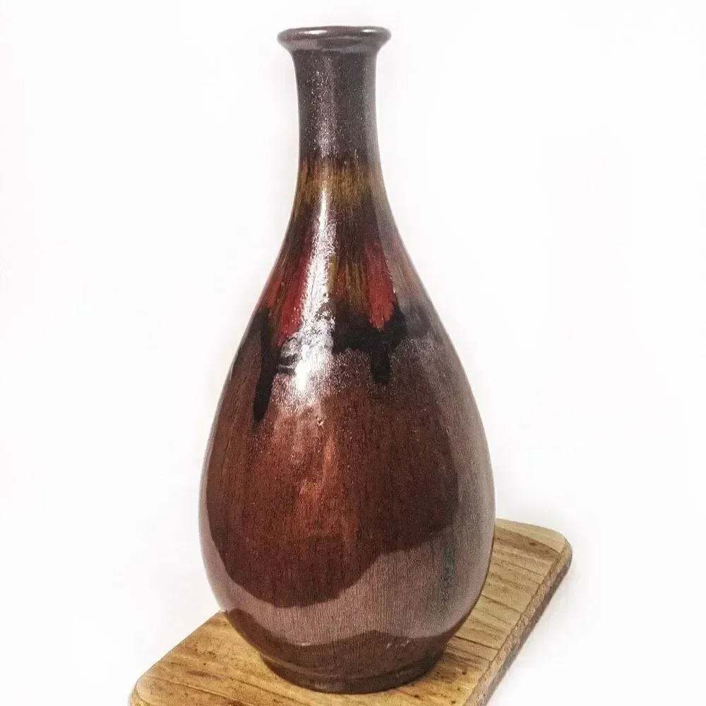 Tall Raku Drip Glazed Ceramic Studio Art Vase